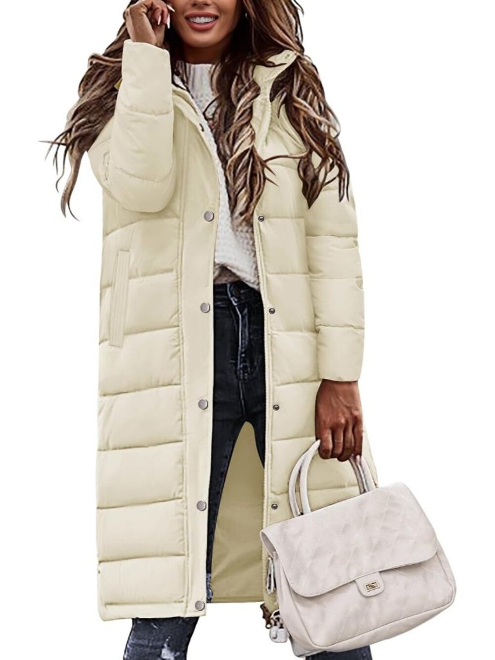 Women's Beige Winter Long Puffer Coat Quilted Warm Jacket with Side Zippers